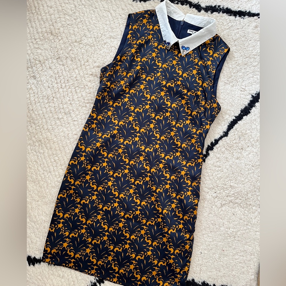 Miu Miu Blue & Gold Silk Sleeveless Dress fits like XS